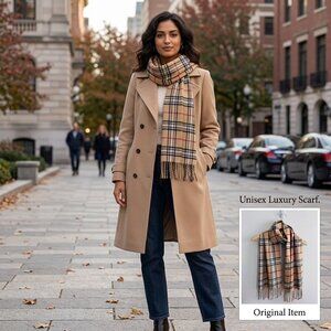 Classic Beige Nova Check Plaid Scarf | Soft Cashmere Feel Winter Wrap | Fringed